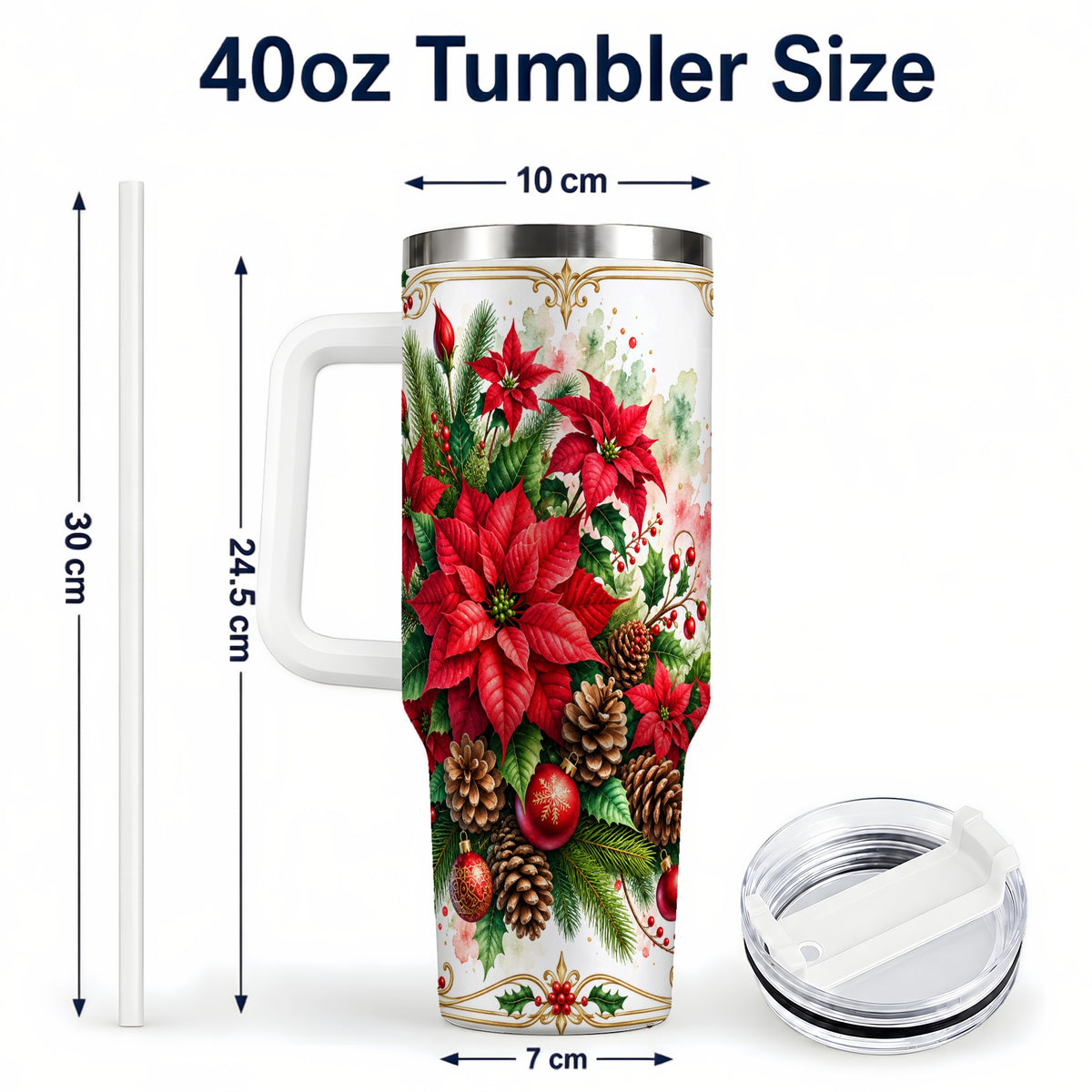 #pl[40oz|White] Christmas Poinsettia 40oz Tumbler with Handle, Botanical Watercolor