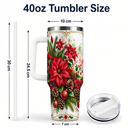 #pl[40oz|White] Christmas Poinsettia 40oz Tumbler with Handle, Botanical Watercolor