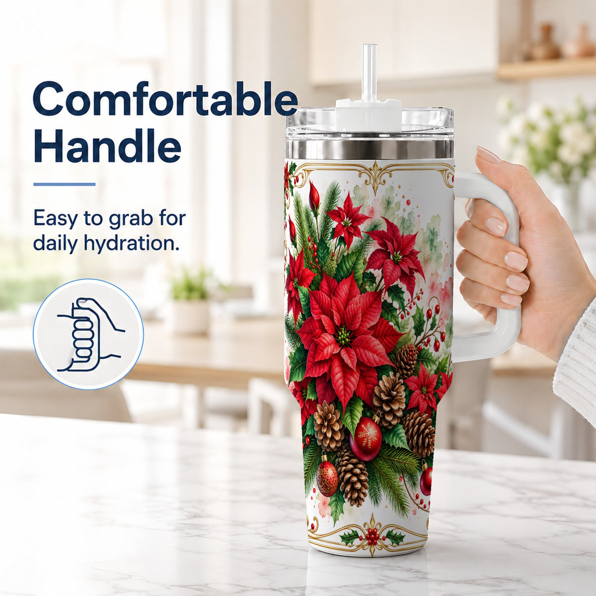 #pl[40oz|White] Christmas Poinsettia 40oz Tumbler with Handle, Botanical Watercolor
