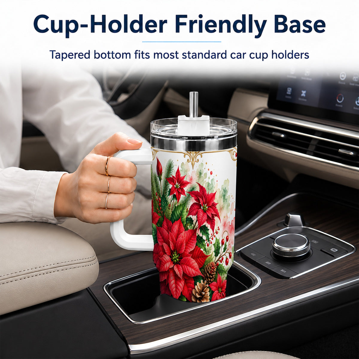 Christmas Poinsettia 40oz Tumbler with Handle, Botanical Watercolor