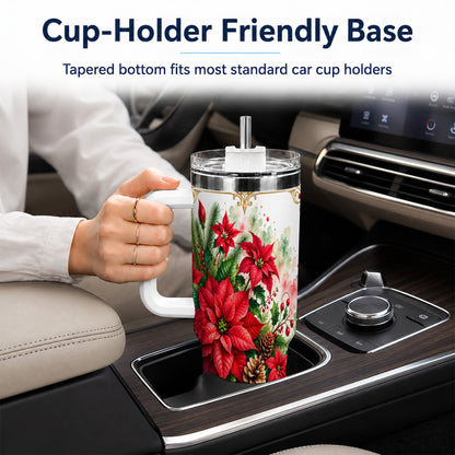 Christmas Poinsettia 40oz Tumbler with Handle, Botanical Watercolor