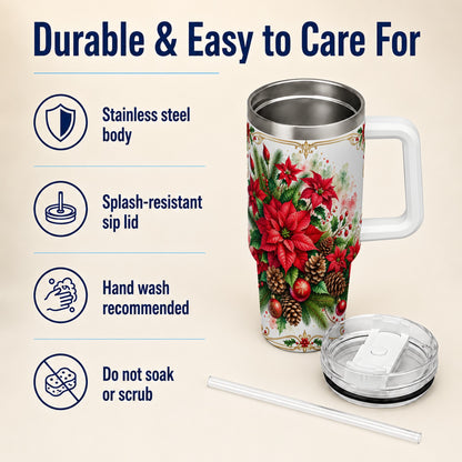 Christmas Poinsettia 40oz Tumbler with Handle, Botanical Watercolor