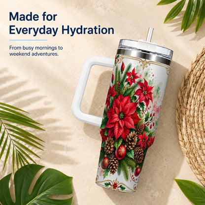 Christmas Poinsettia 40oz Tumbler with Handle, Botanical Watercolor
