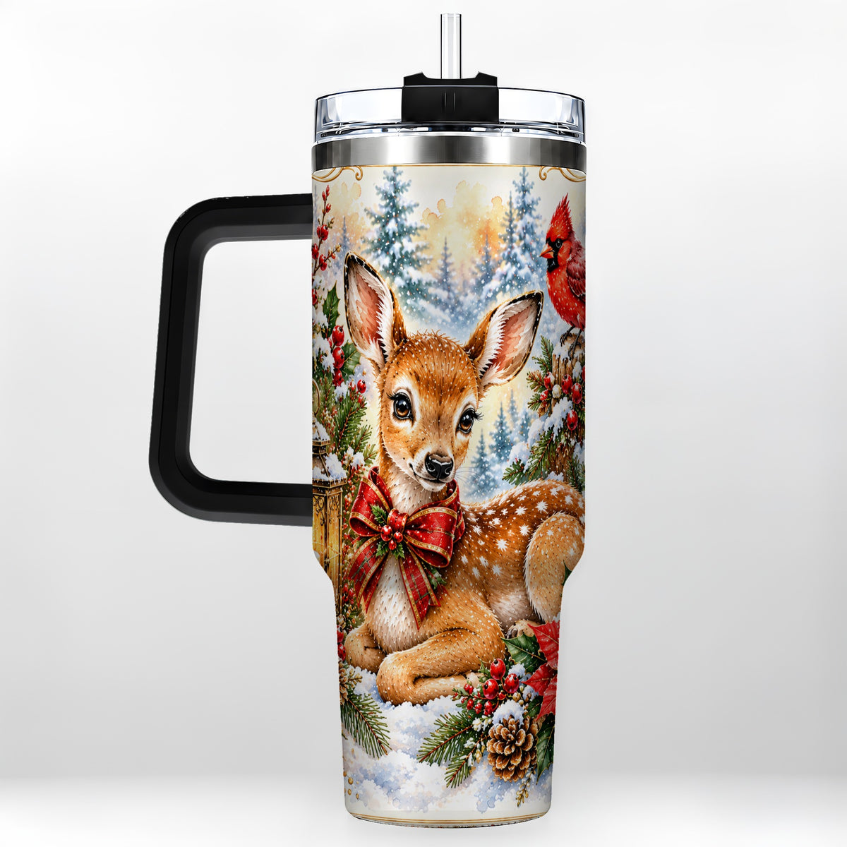 #pl[40oz|Black] Christmas Fawn 40oz Tumbler with Handle, Winter Woodland Deer Art