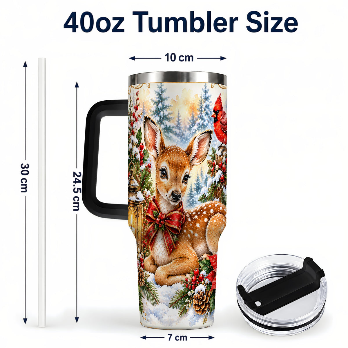 #pl[40oz|Black] Christmas Fawn 40oz Tumbler with Handle, Winter Woodland Deer Art