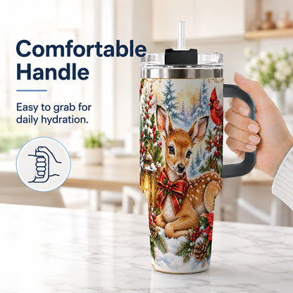 #pl[40oz|Black] Christmas Fawn 40oz Tumbler with Handle, Winter Woodland Deer Art