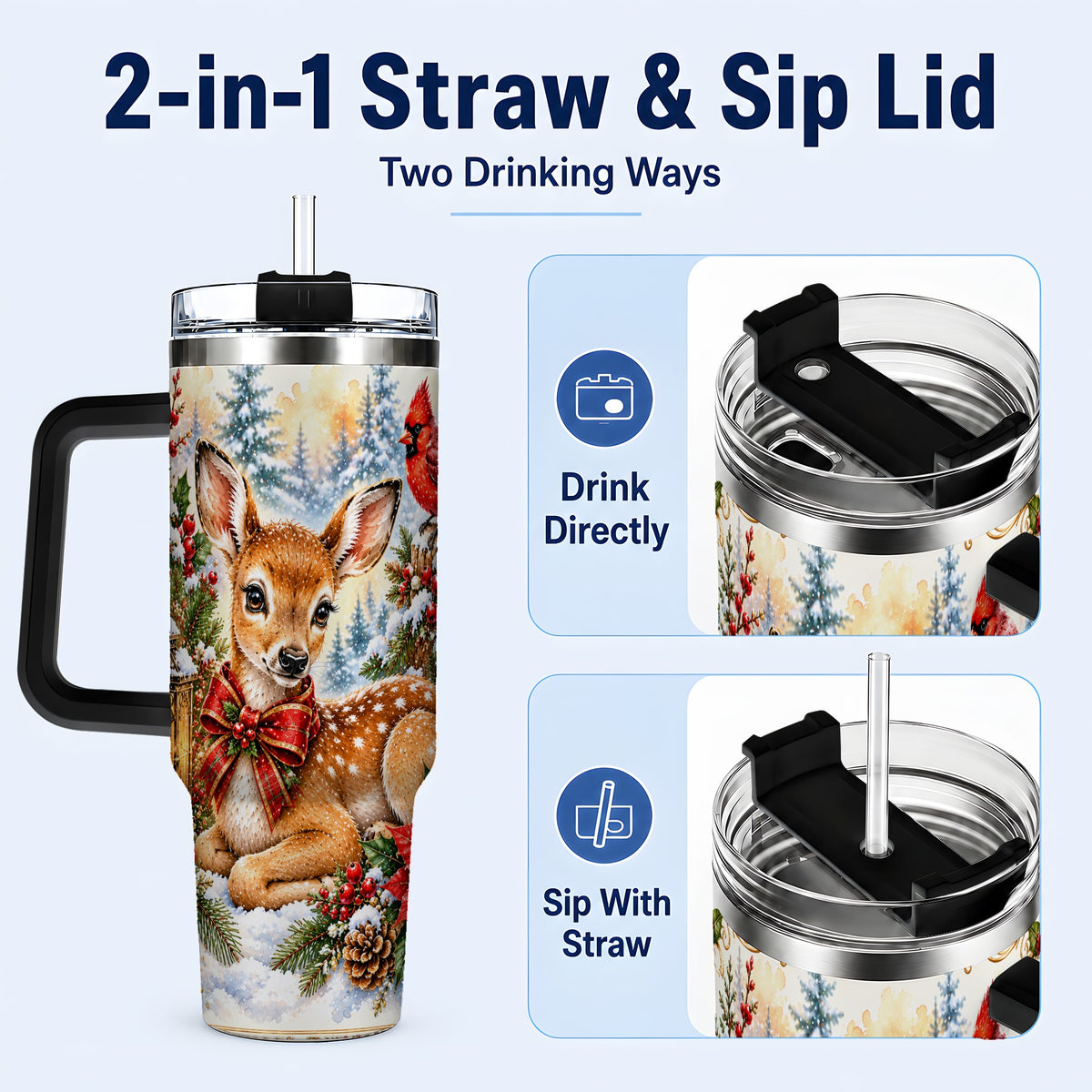 #pl[40oz|Black] Christmas Fawn 40oz Tumbler with Handle, Winter Woodland Deer Art