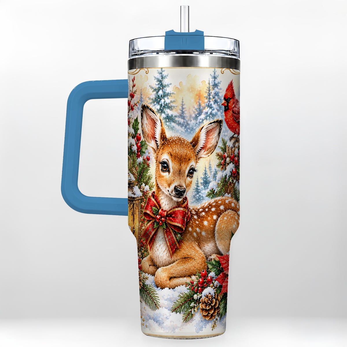 #pl[40oz|Blue] Christmas Fawn 40oz Tumbler with Handle, Winter Woodland Deer Art