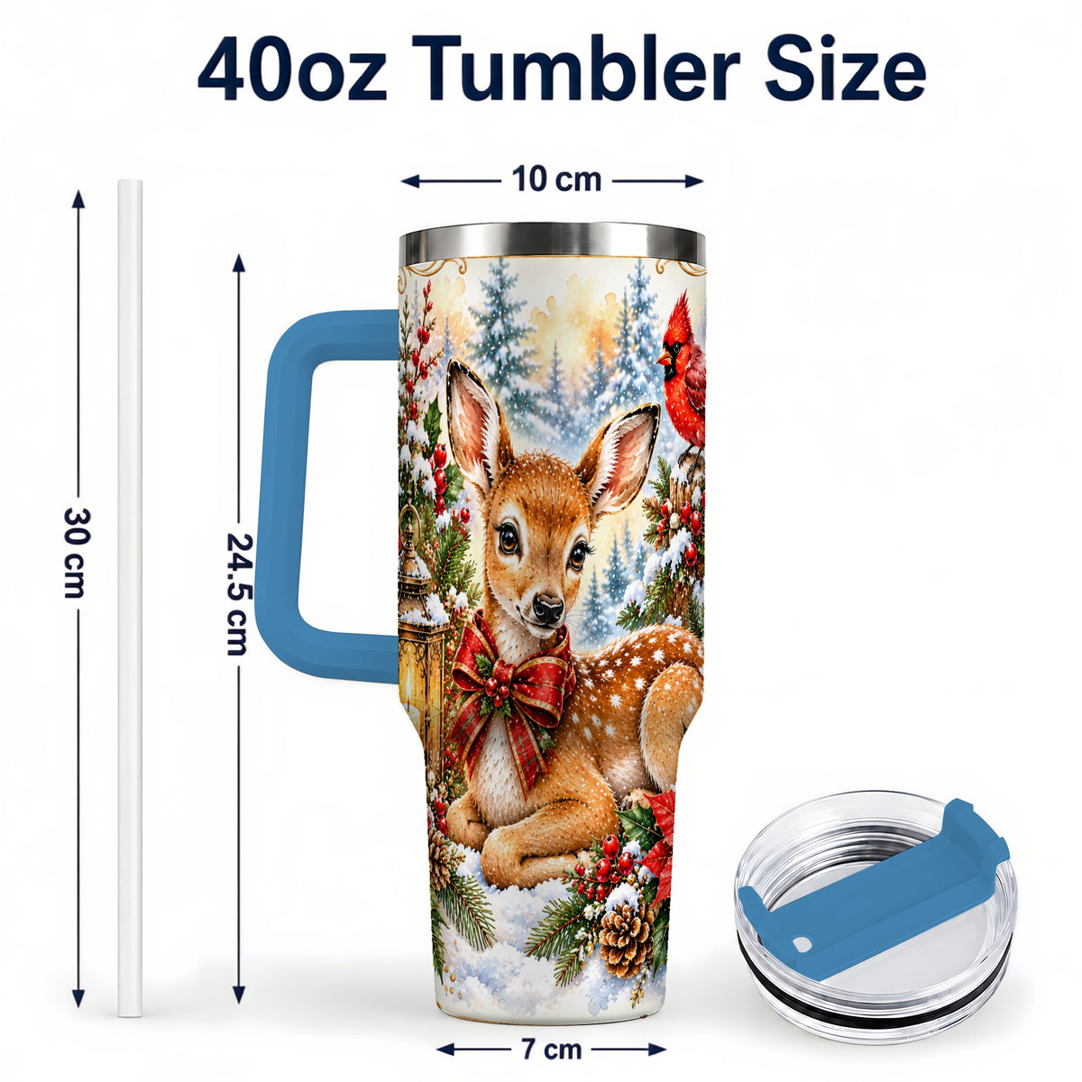 #pl[40oz|Blue] Christmas Fawn 40oz Tumbler with Handle, Winter Woodland Deer Art