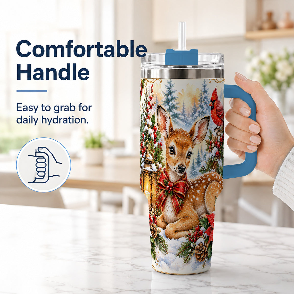 #pl[40oz|Blue] Christmas Fawn 40oz Tumbler with Handle, Winter Woodland Deer Art