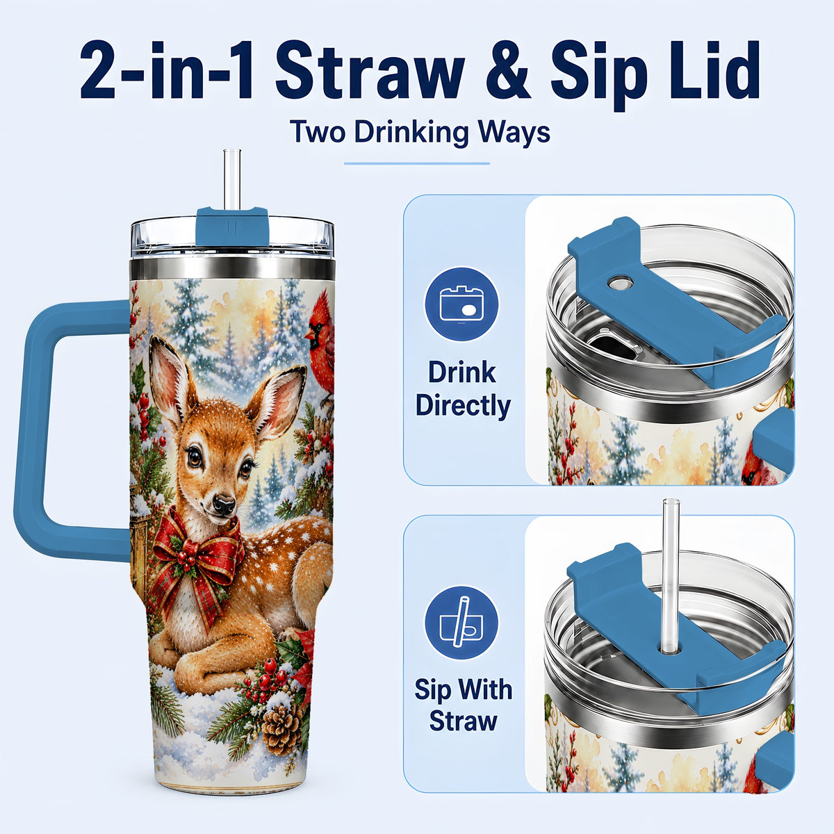 #pl[40oz|Blue] Christmas Fawn 40oz Tumbler with Handle, Winter Woodland Deer Art