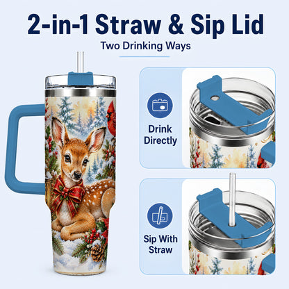 #pl[40oz|Blue] Christmas Fawn 40oz Tumbler with Handle, Winter Woodland Deer Art