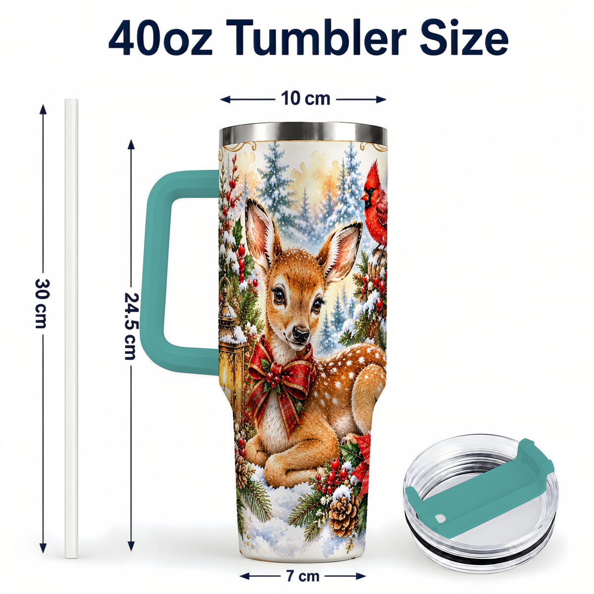 #pl[40oz|Green] Christmas Fawn 40oz Tumbler with Handle, Winter Woodland Deer Art