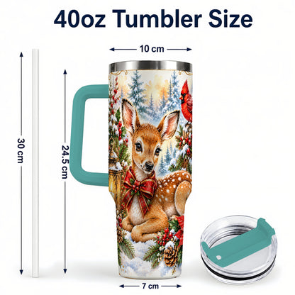 #pl[40oz|Green] Christmas Fawn 40oz Tumbler with Handle, Winter Woodland Deer Art