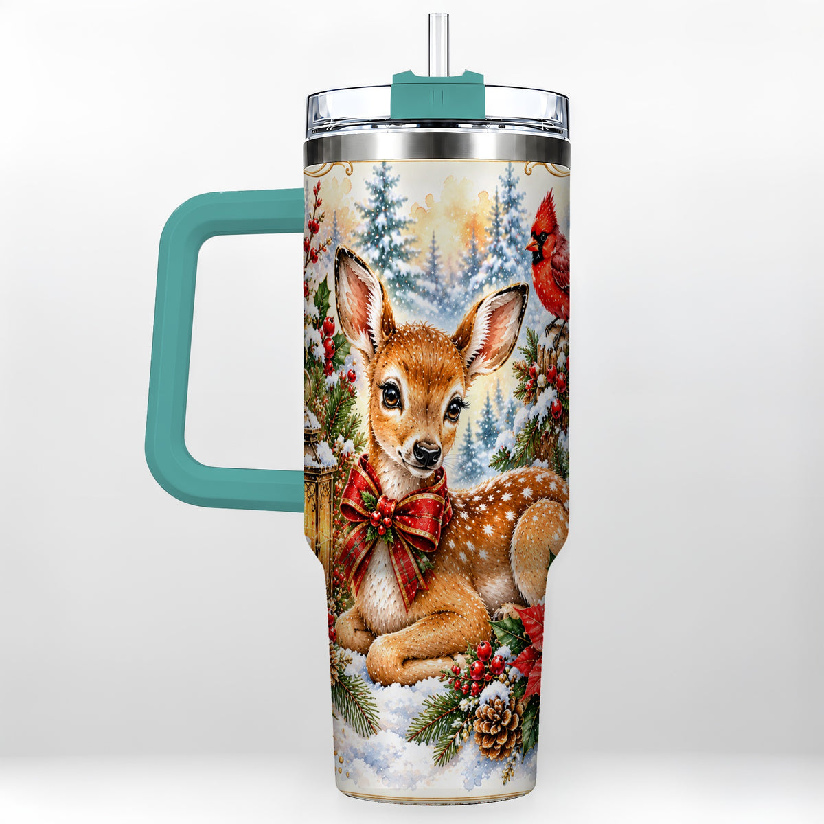 #pl[40oz|Green] Christmas Fawn 40oz Tumbler with Handle, Winter Woodland Deer Art