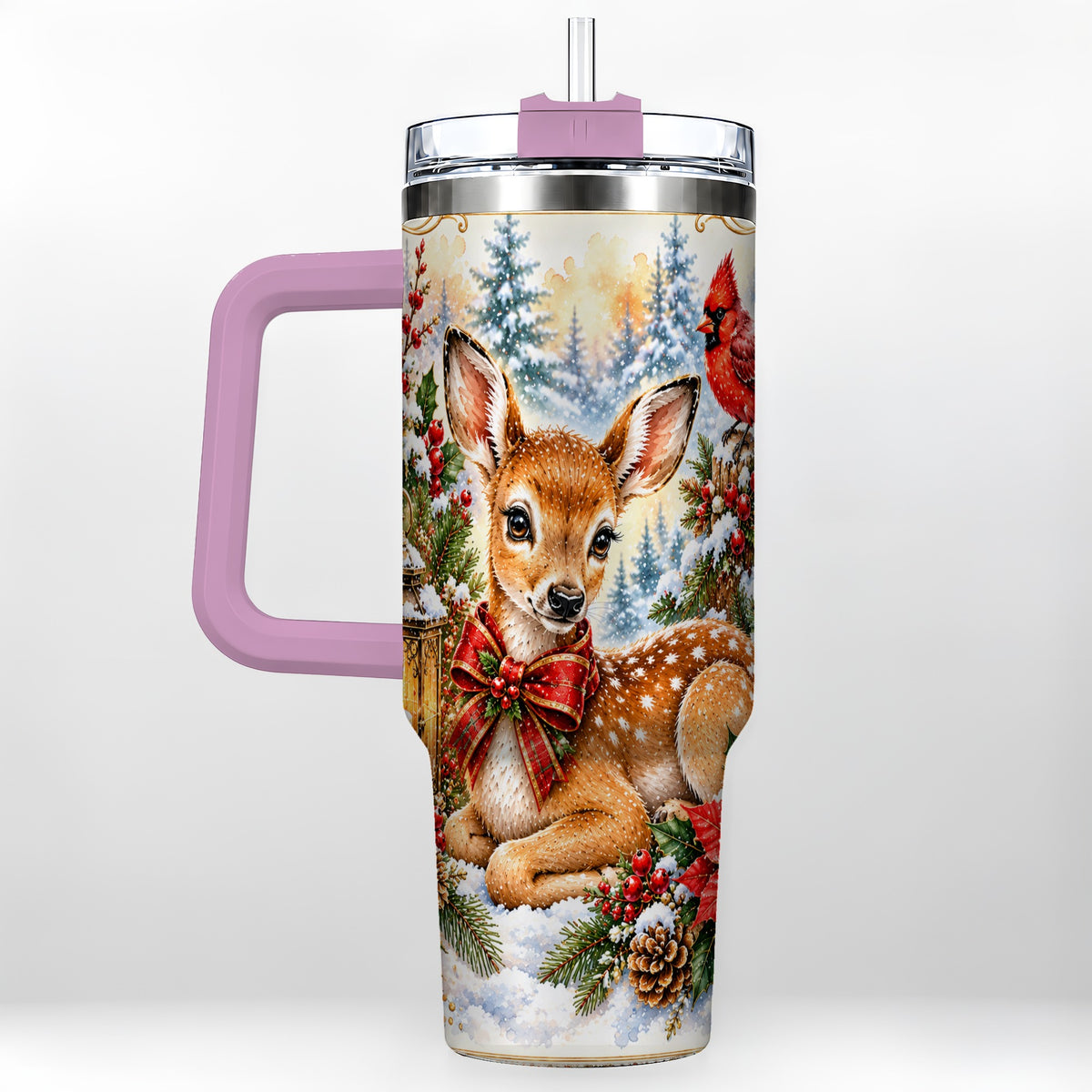 #pl[40oz|Pink] Christmas Fawn 40oz Tumbler with Handle, Winter Woodland Deer Art