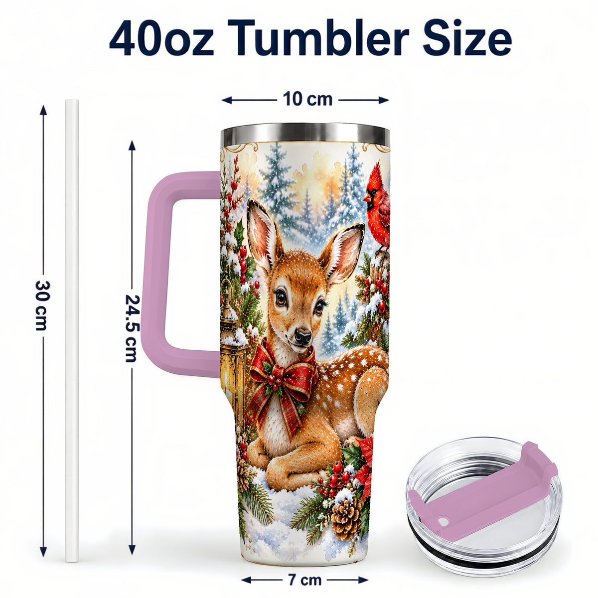 #pl[40oz|Pink] Christmas Fawn 40oz Tumbler with Handle, Winter Woodland Deer Art