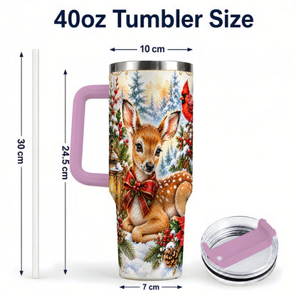 #pl[40oz|Pink] Christmas Fawn 40oz Tumbler with Handle, Winter Woodland Deer Art
