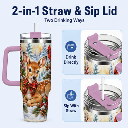 #pl[40oz|Pink] Christmas Fawn 40oz Tumbler with Handle, Winter Woodland Deer Art