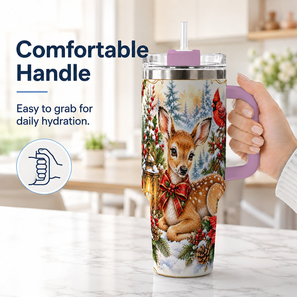 #pl[40oz|Pink] Christmas Fawn 40oz Tumbler with Handle, Winter Woodland Deer Art