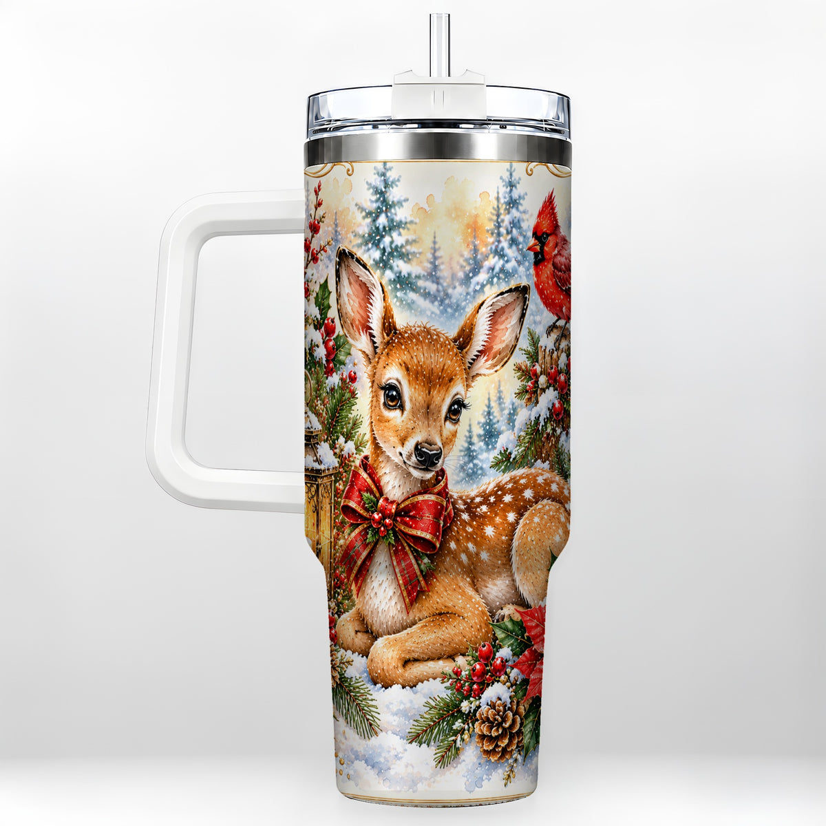 Christmas Fawn 40oz Tumbler with Handle, Winter Woodland Deer Art
