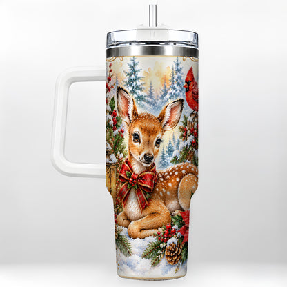 Christmas Fawn 40oz Tumbler with Handle, Winter Woodland Deer Art