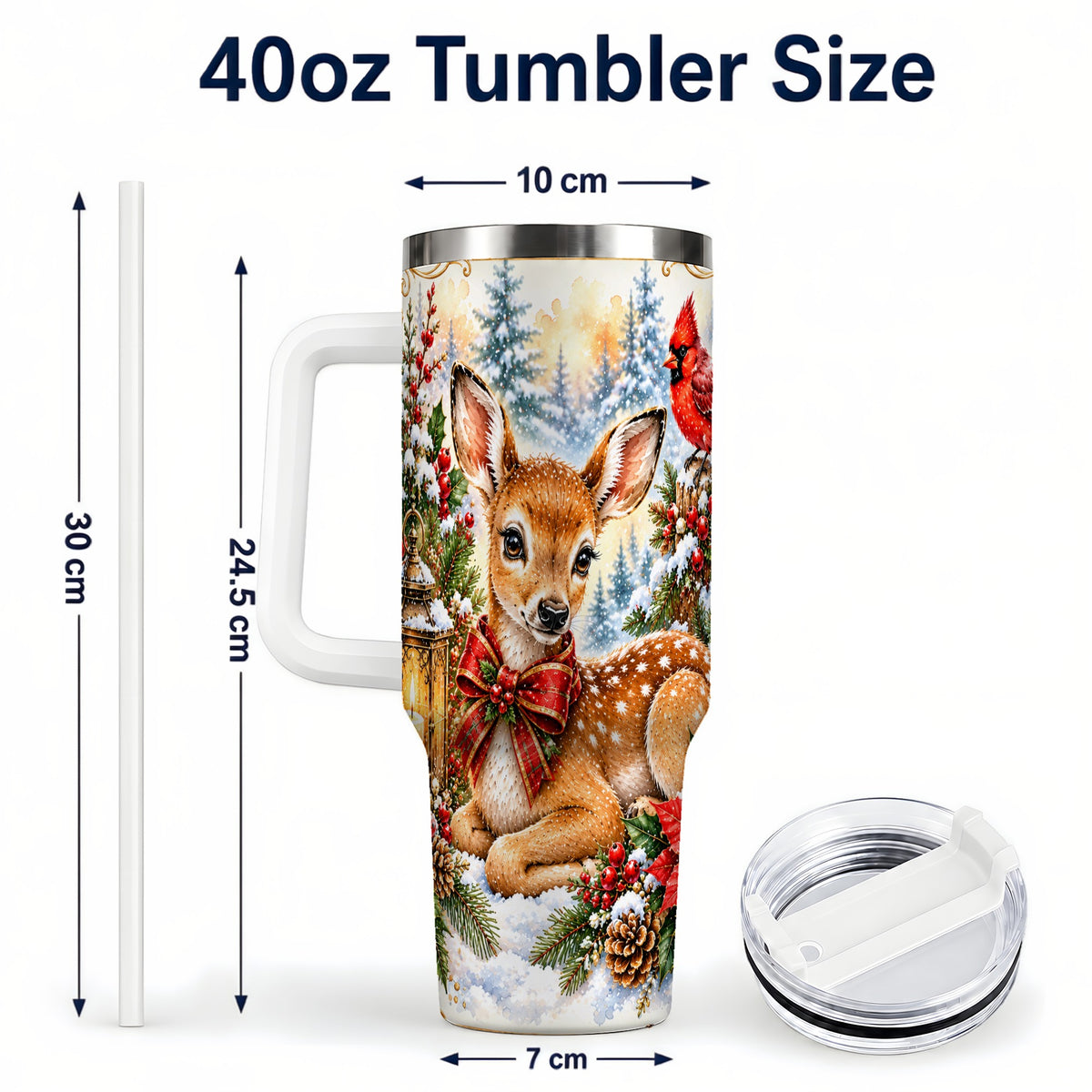 #pl[40oz|White] Christmas Fawn 40oz Tumbler with Handle, Winter Woodland Deer Art
