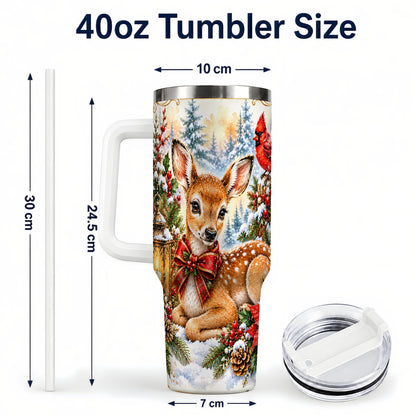 #pl[40oz|White] Christmas Fawn 40oz Tumbler with Handle, Winter Woodland Deer Art