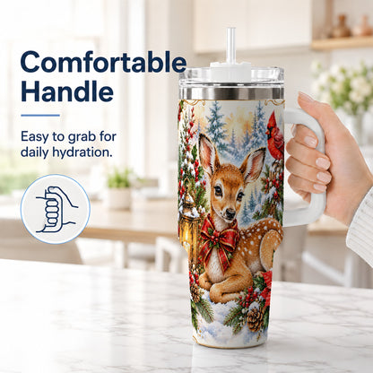 #pl[40oz|White] Christmas Fawn 40oz Tumbler with Handle, Winter Woodland Deer Art