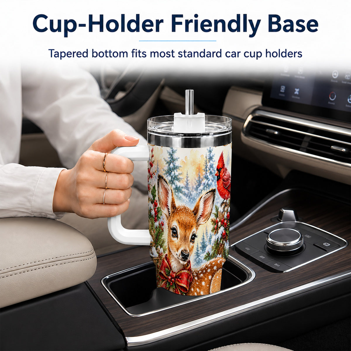 Christmas Fawn 40oz Tumbler with Handle, Winter Woodland Deer Art