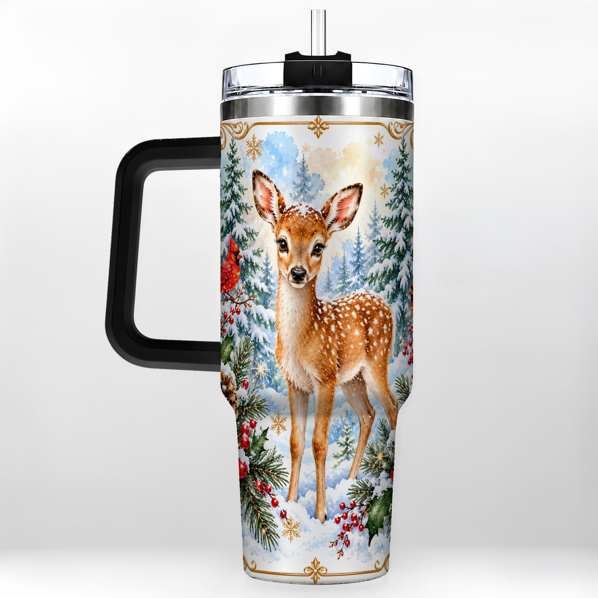 #pl[40oz|Black] Spotted Fawn 40oz Tumbler with Handle, Christmas Cardinal Wildlife
