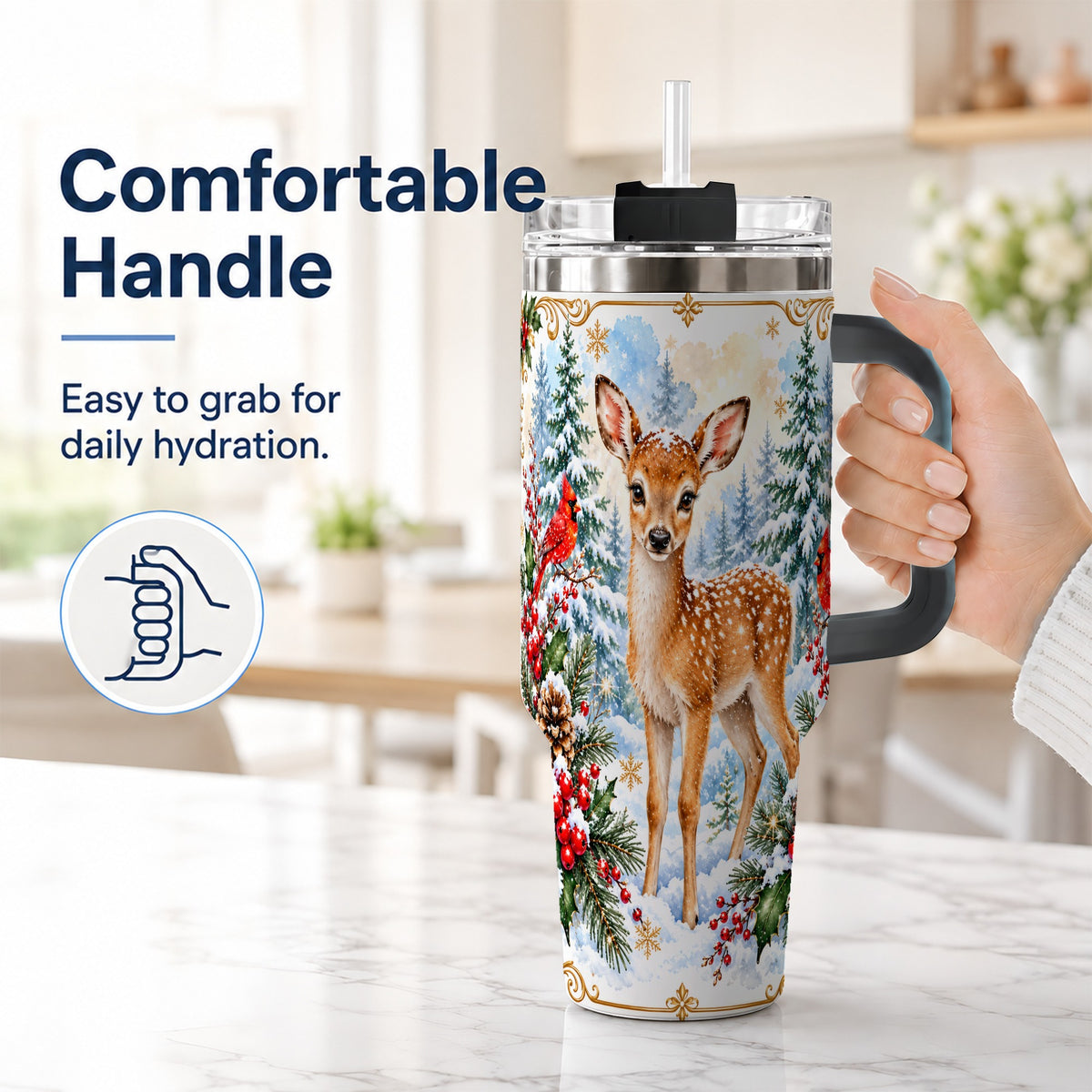 #pl[40oz|Black] Spotted Fawn 40oz Tumbler with Handle, Christmas Cardinal Wildlife