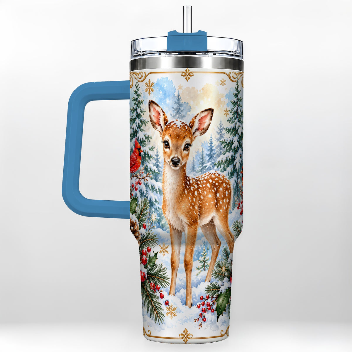 #pl[40oz|Blue] Spotted Fawn 40oz Tumbler with Handle, Christmas Cardinal Wildlife