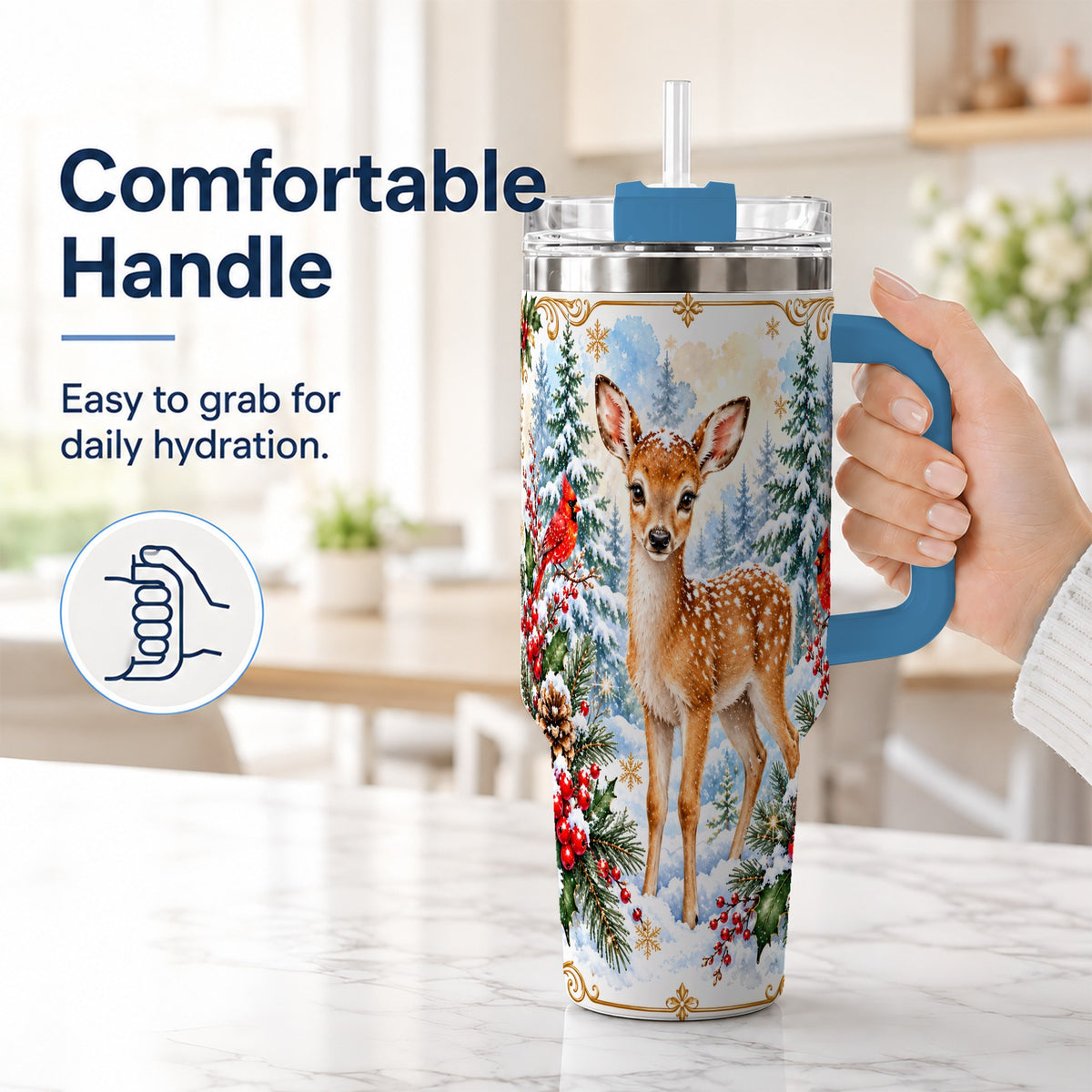 #pl[40oz|Blue] Spotted Fawn 40oz Tumbler with Handle, Christmas Cardinal Wildlife