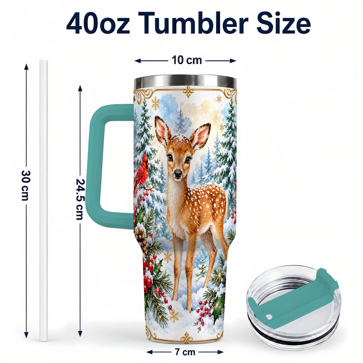 #pl[40oz|Green] Spotted Fawn 40oz Tumbler with Handle, Christmas Cardinal Wildlife