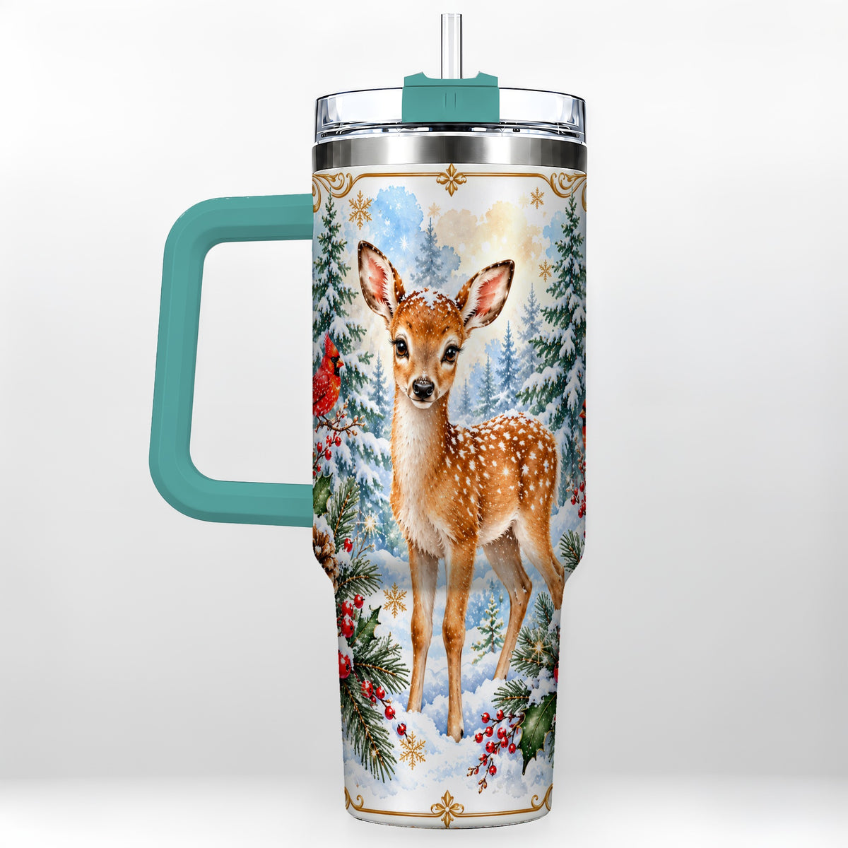 #pl[40oz|Green] Spotted Fawn 40oz Tumbler with Handle, Christmas Cardinal Wildlife