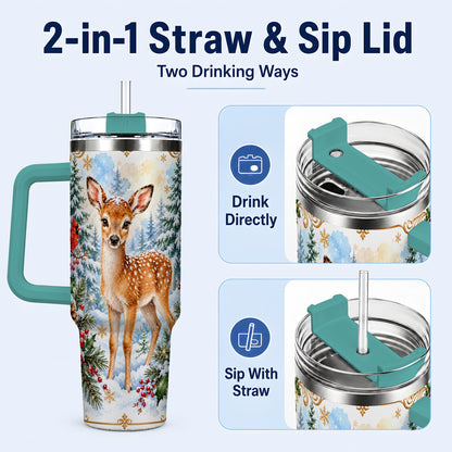 #pl[40oz|Green] Spotted Fawn 40oz Tumbler with Handle, Christmas Cardinal Wildlife