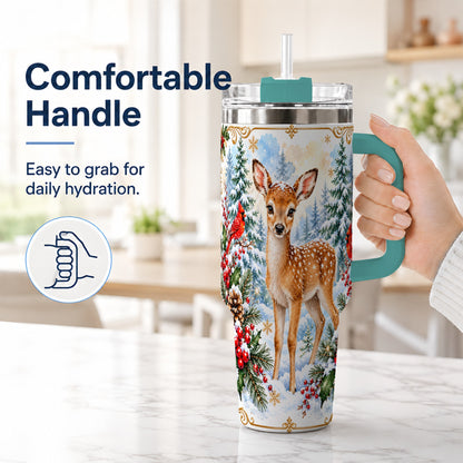 #pl[40oz|Green] Spotted Fawn 40oz Tumbler with Handle, Christmas Cardinal Wildlife