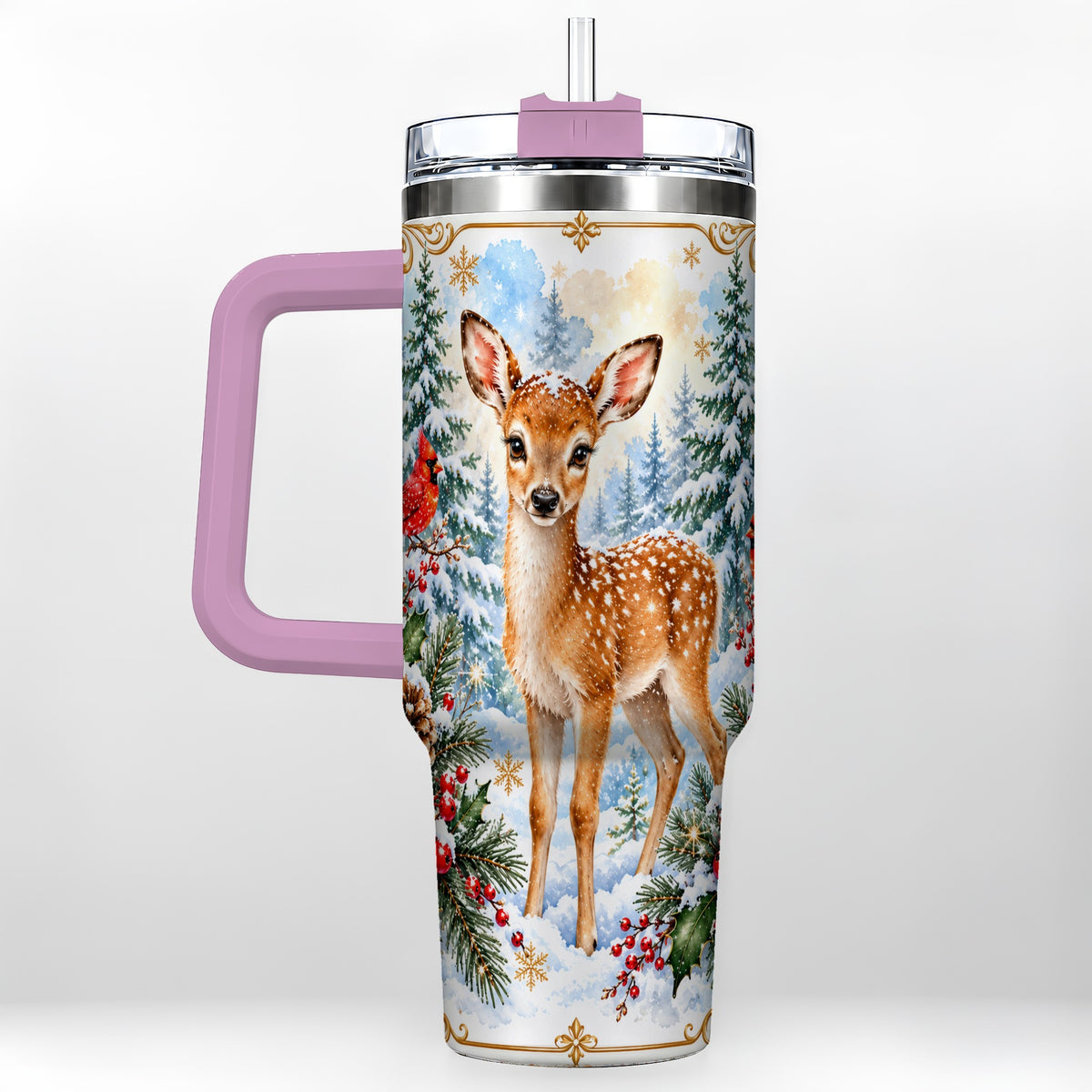 #pl[40oz|Pink] Spotted Fawn 40oz Tumbler with Handle, Christmas Cardinal Wildlife