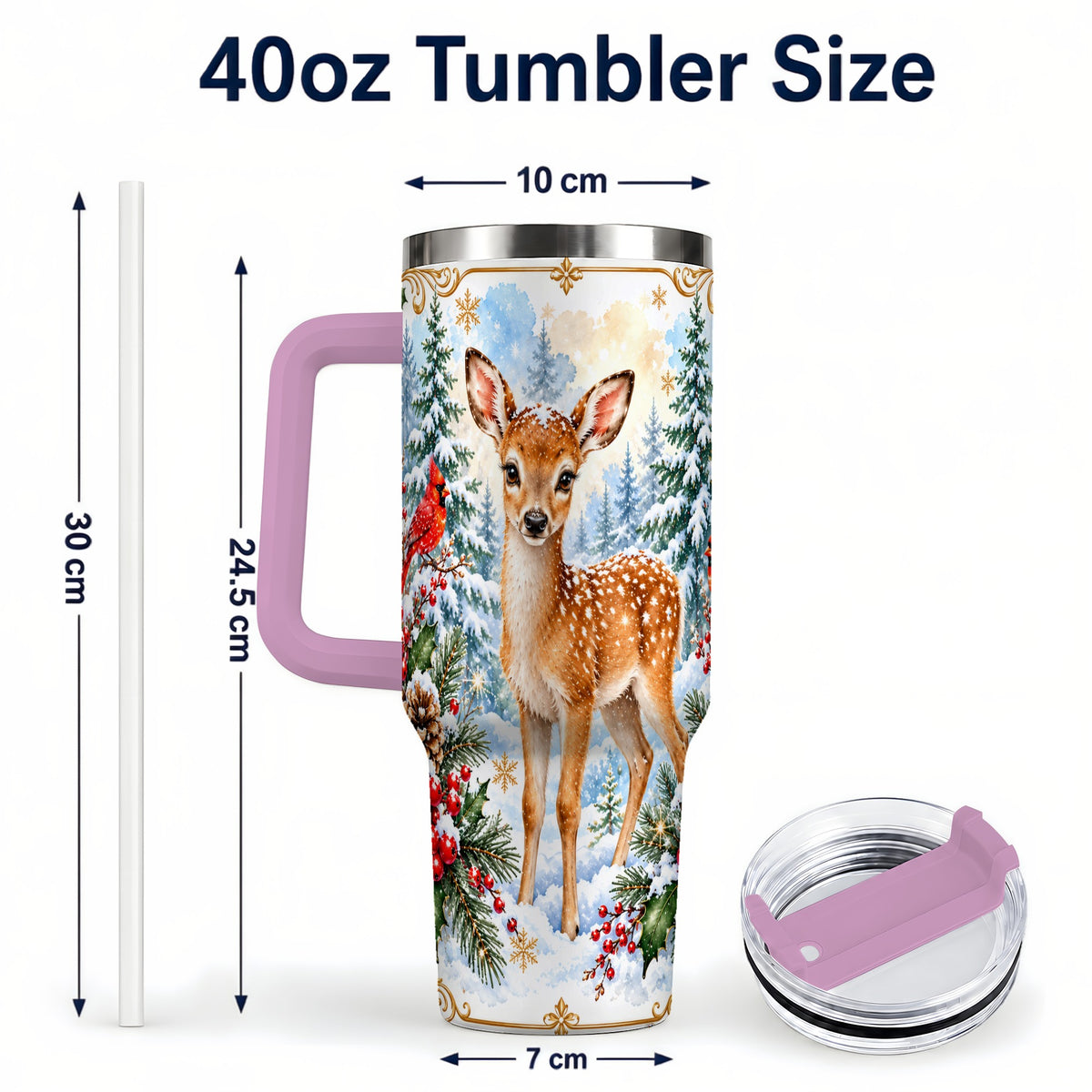 #pl[40oz|Pink] Spotted Fawn 40oz Tumbler with Handle, Christmas Cardinal Wildlife