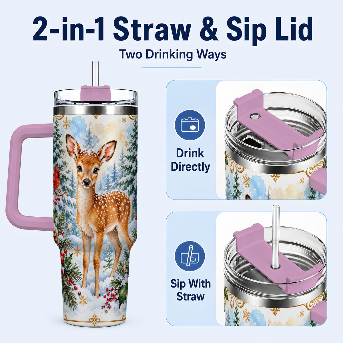 #pl[40oz|Pink] Spotted Fawn 40oz Tumbler with Handle, Christmas Cardinal Wildlife