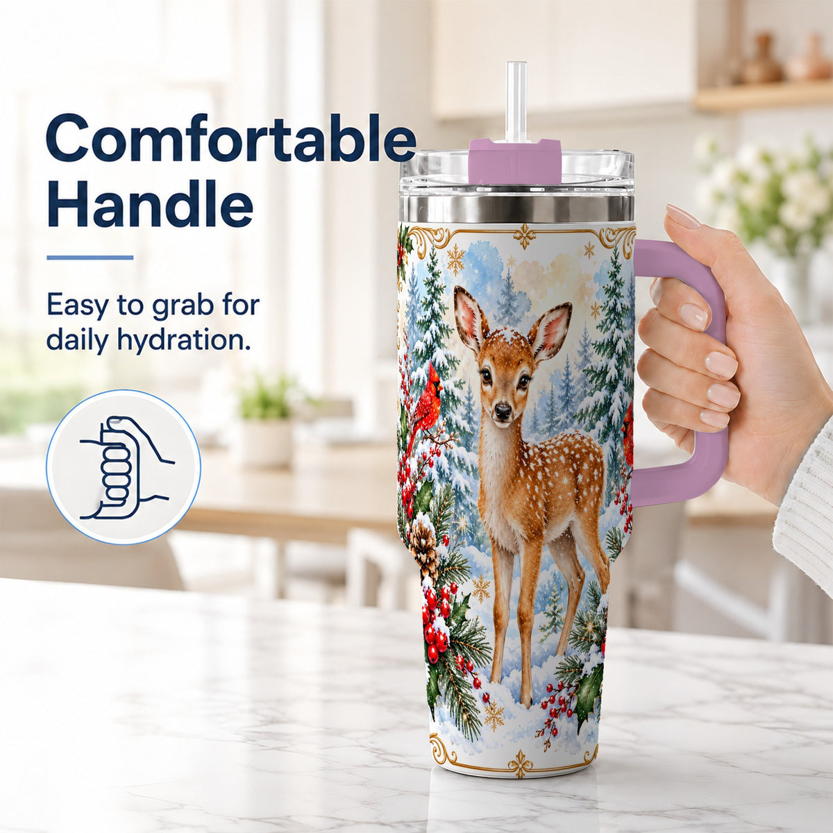 #pl[40oz|Pink] Spotted Fawn 40oz Tumbler with Handle, Christmas Cardinal Wildlife