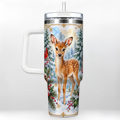 Spotted Fawn 40oz Tumbler with Handle, Christmas Cardinal Wildlife
