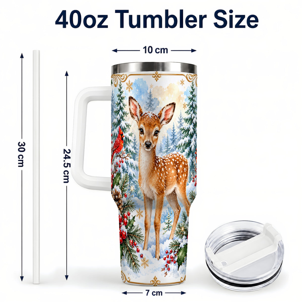 #pl[40oz|White] Spotted Fawn 40oz Tumbler with Handle, Christmas Cardinal Wildlife