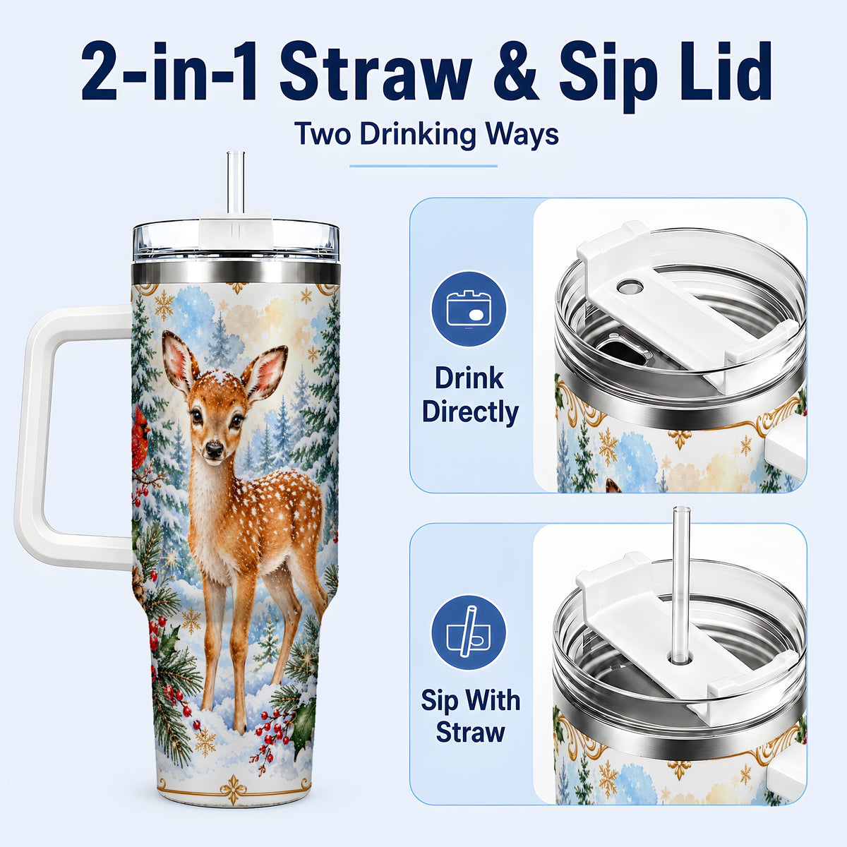 #pl[40oz|White] Spotted Fawn 40oz Tumbler with Handle, Christmas Cardinal Wildlife