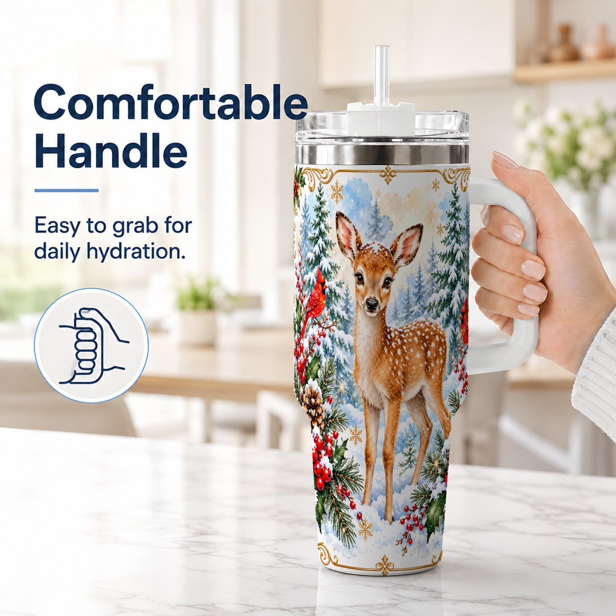#pl[40oz|White] Spotted Fawn 40oz Tumbler with Handle, Christmas Cardinal Wildlife