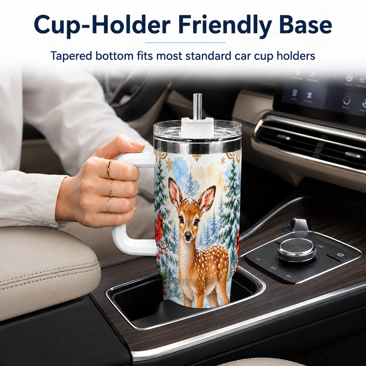 Spotted Fawn 40oz Tumbler with Handle, Christmas Cardinal Wildlife