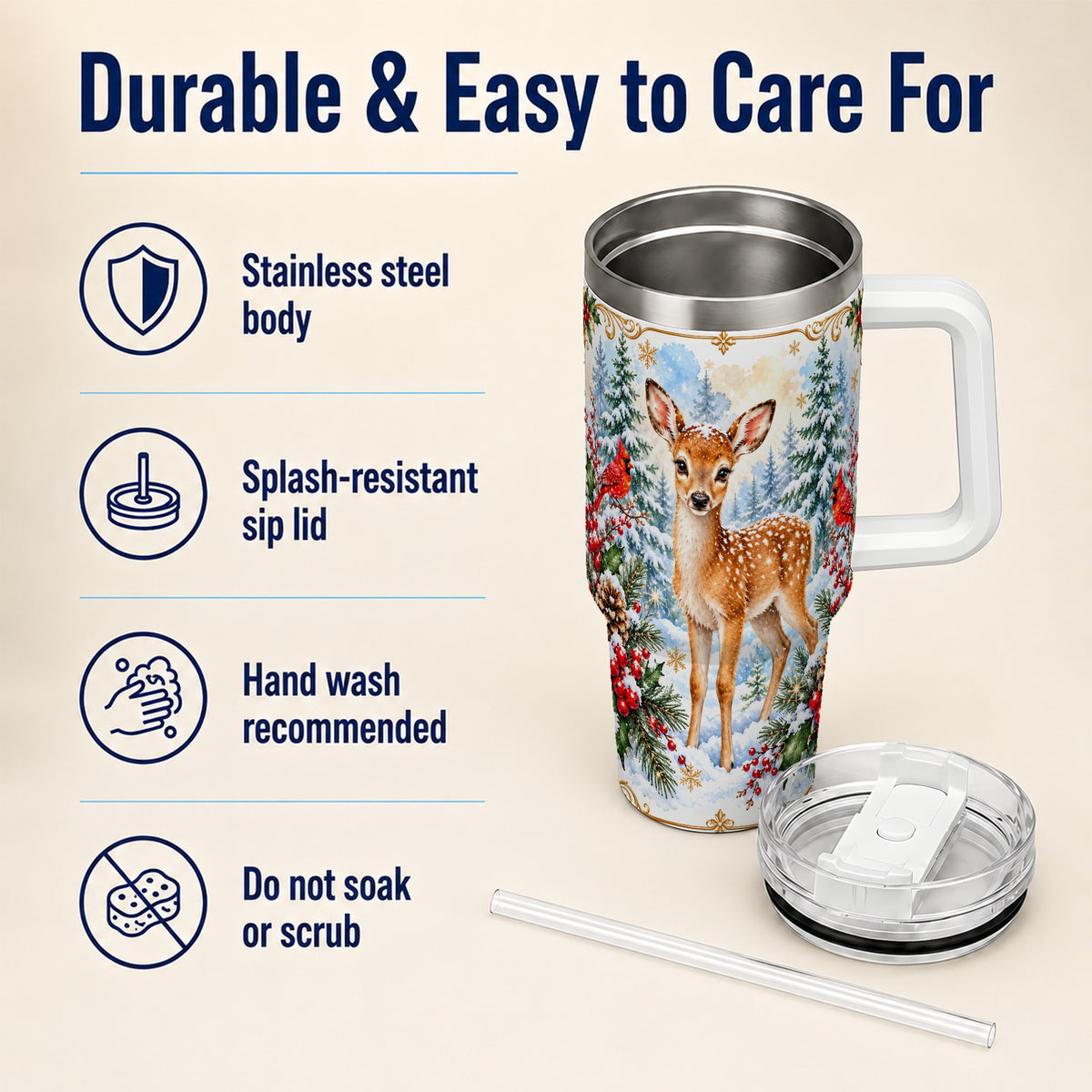 Spotted Fawn 40oz Tumbler with Handle, Christmas Cardinal Wildlife