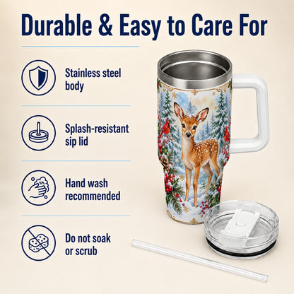 Spotted Fawn 40oz Tumbler with Handle, Christmas Cardinal Wildlife