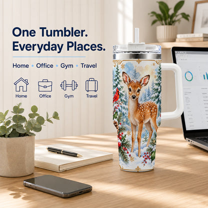 Spotted Fawn 40oz Tumbler with Handle, Christmas Cardinal Wildlife